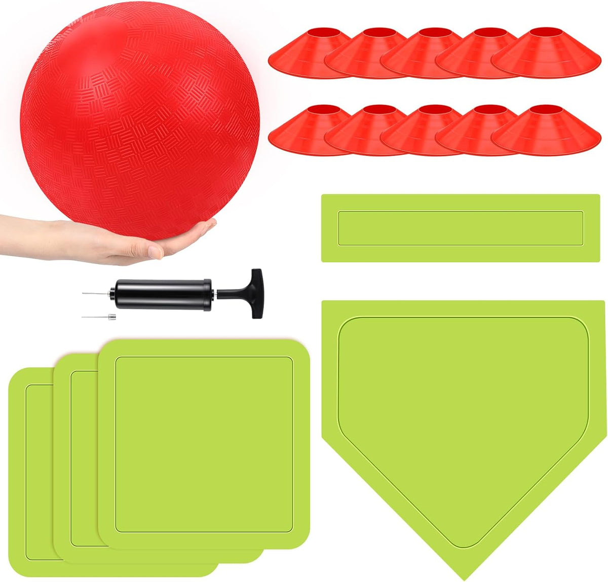 Hiboom kickball set with four 10 inch red balls, rubber bases and air pump - view 8