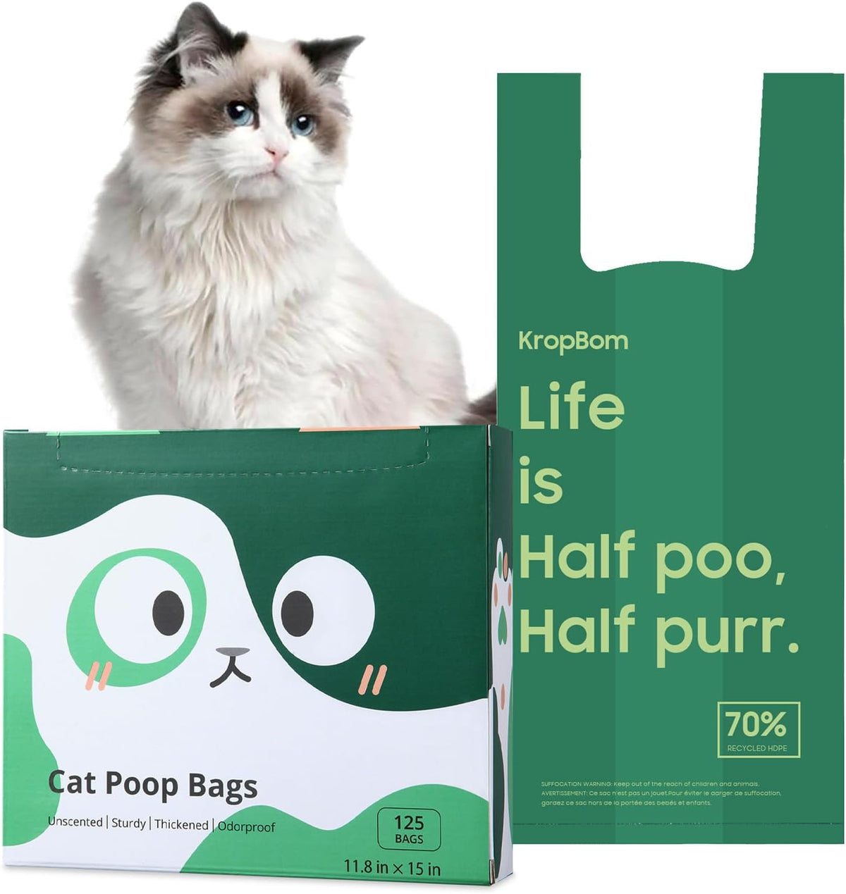 125 Count Cat Poop Bags with Handles - Unscented / 125 Count / Medium-14.5"x6.6"