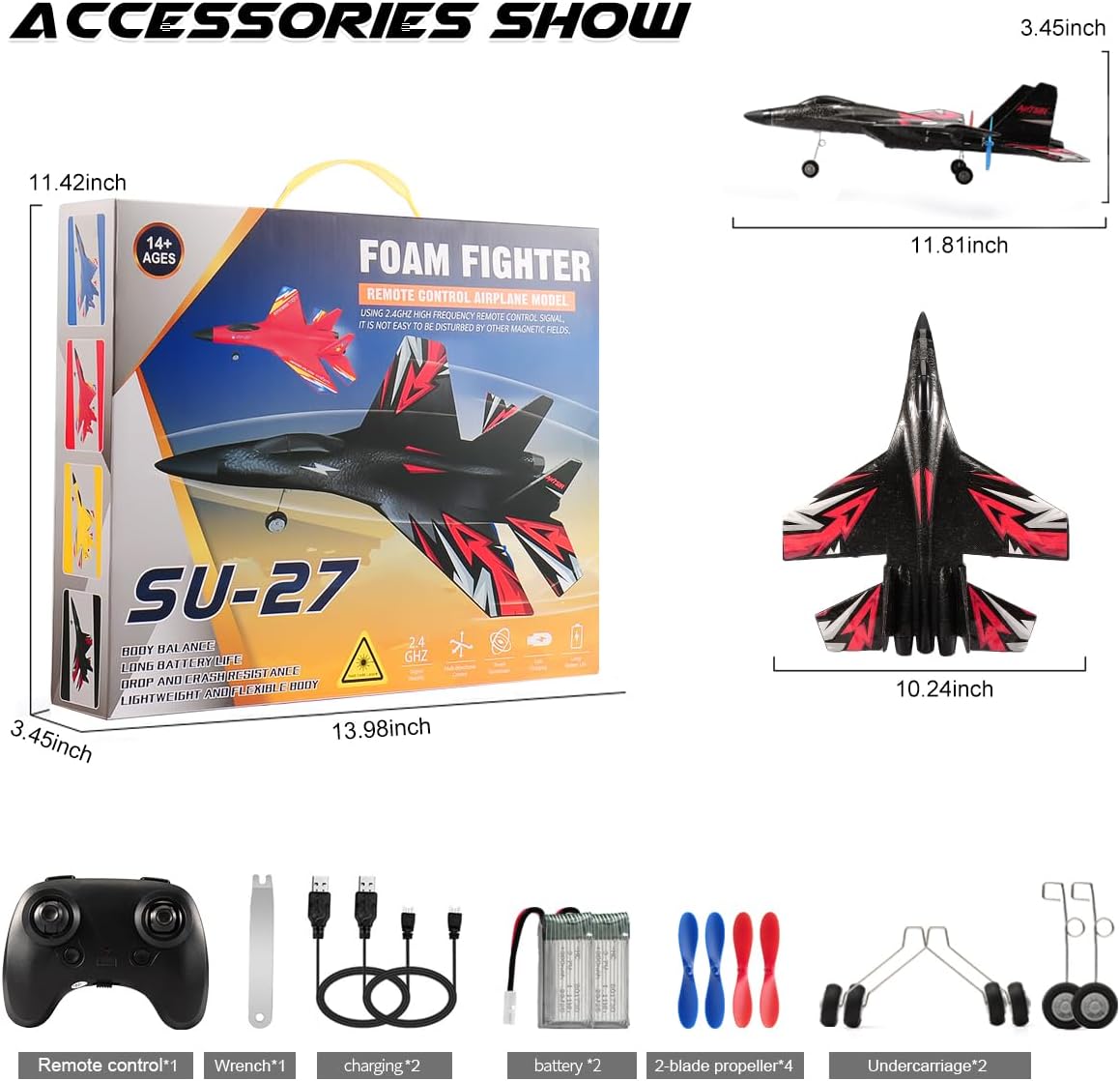 New Upgrade SU27 RC Airplane, Remote Control Fighter Toys - Black - image 2