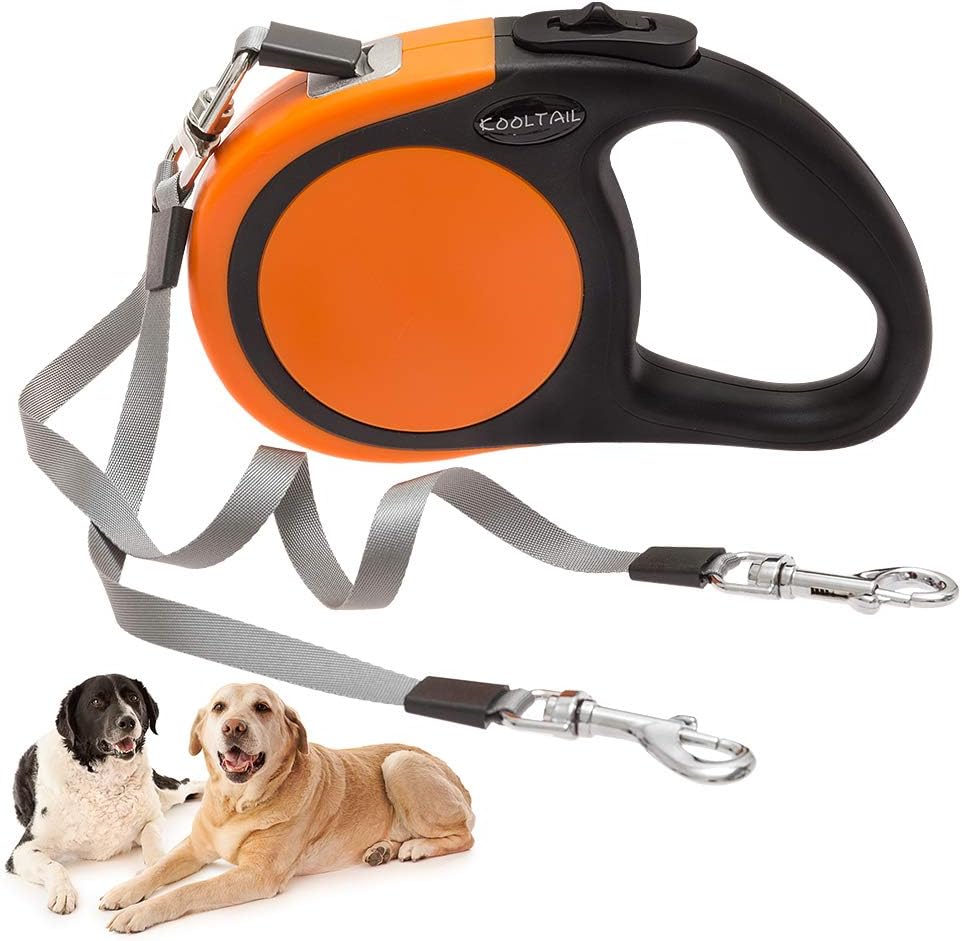 Dual Retractable Dog Leash for Two Dogs Up to 110 Lbs - Orange / 16 Ft