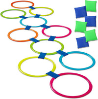 GOODLYSPORTS hopscotch rings and bean bag toss set with ten colorful rings and six bean bags