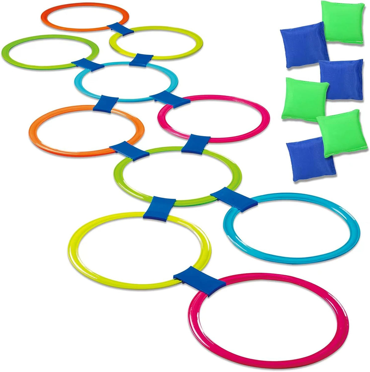GOODLYSPORTS hopscotch rings and bean bag toss set with ten colorful rings and six bean bags