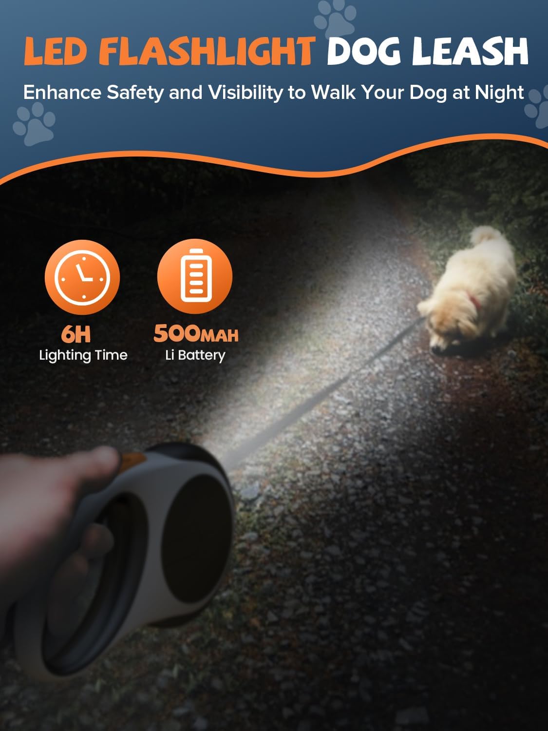 Retractable Dog Leash with LED Flashlight - Black-White - image 3