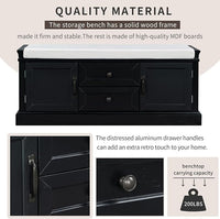 Storage Bench with 2 Drawers and 2 Cabinets, Pine Wood Shoe Bench with Removable Cushion for Living Room, Entryway 42.5" L x 15.9" W x 17.5" H (Black)