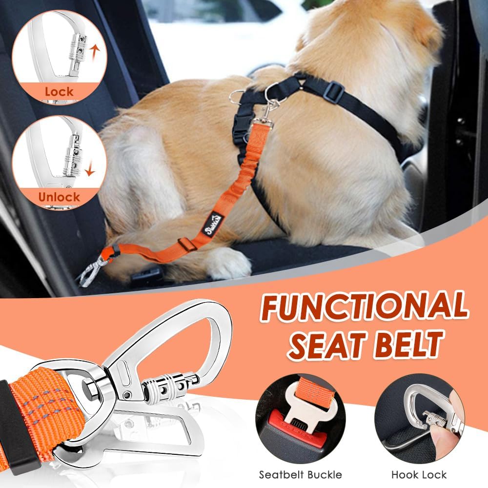 SlowTon Dog Seatbelt, 2 Pack Adjustable Heavy Duty Dog Safety Seat Belt – Essentials for Dogs - Orange / Seatbelt Clip + Carabiner - image 3