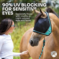 Kensington 90% UV Fly Mask Halter CatchMask UViator - Without Ears & Forelock Freedom Web Trim *Roomy Fit*- Medium, Atlantis