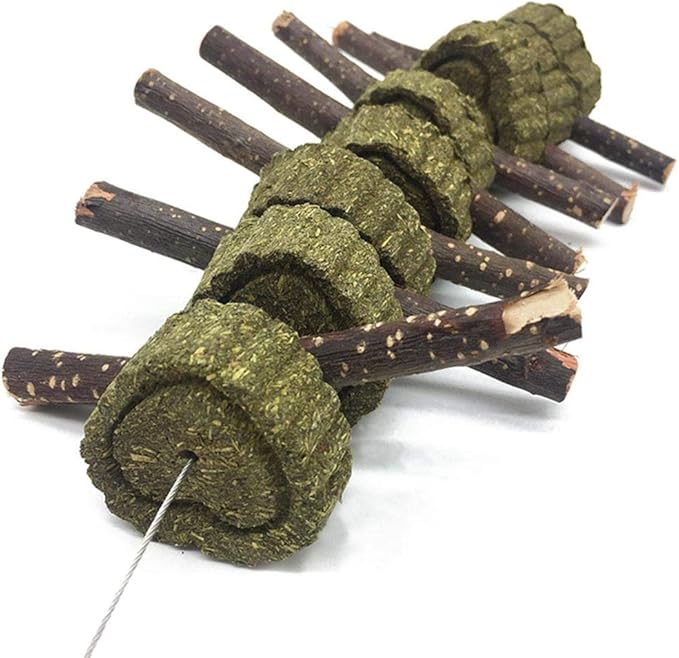 Bunny Chew Toys for Teeth, Organic Apple Wood Molar Sticks with Timothy Hay Circles for Bunny Chinchilla Guinea Pig Hamsters Holland Lop Prairie Dogs Squirrels Gerbils, Improves Dental Health
