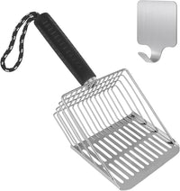 2PCS Cat Litter Scoop, Solid and Durable Kitty Metal Scooper, Stainless Steel Sifter, Heavy Duty, for Litter Box, Black Rubber Handle, Included Stainless Steel Hook