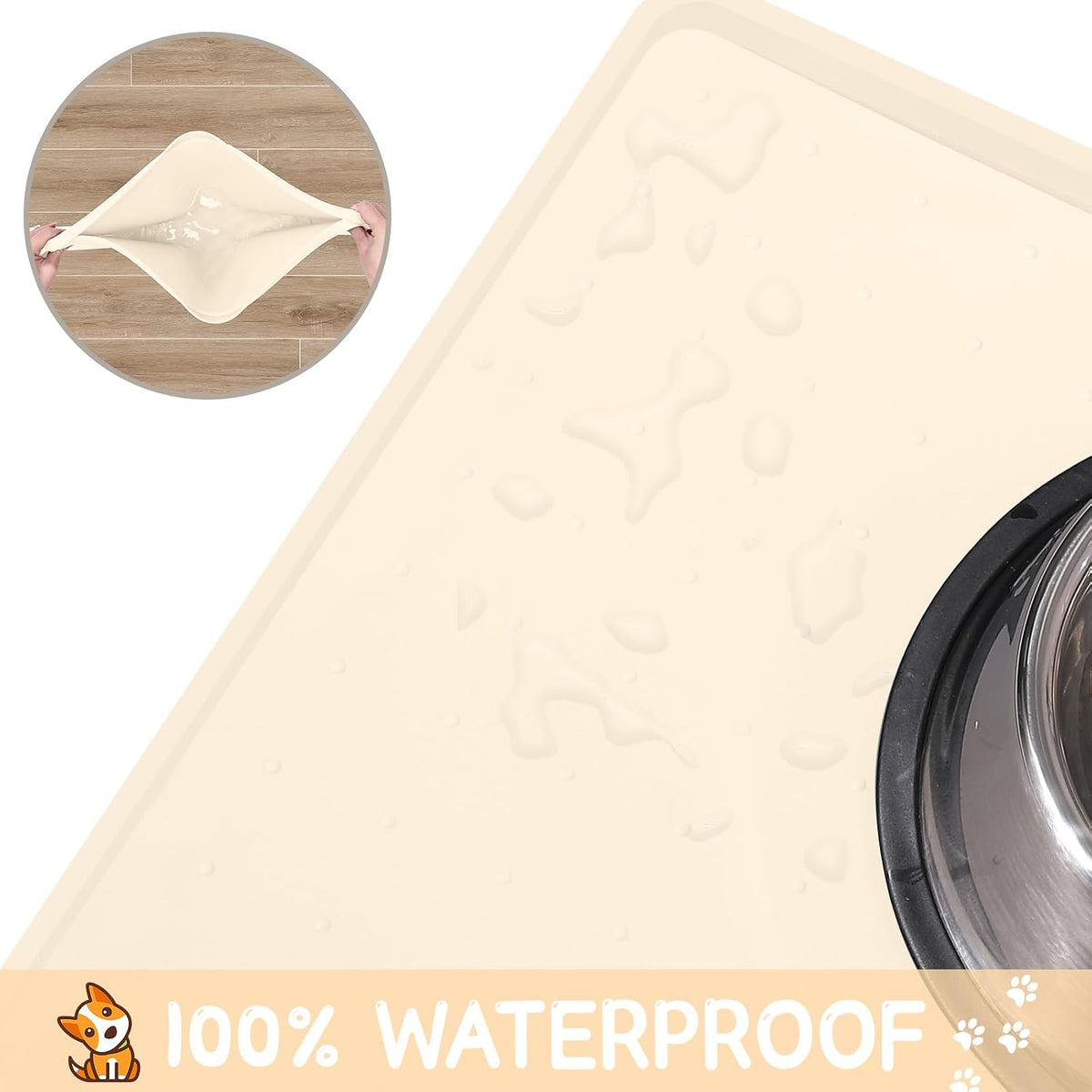 MateeyLife Silicone Cat & Dog Food Mat for Floors Waterproof - Beige / 22"L x 14"W - image 2