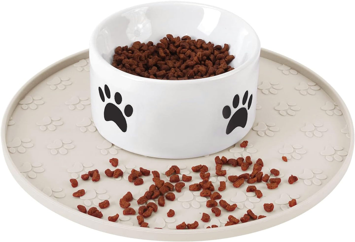Silicone Pet Food Mat - Waterproof Dog & Cat Feeding Mat with High Lip to Prevent Spills & Protect - Beige