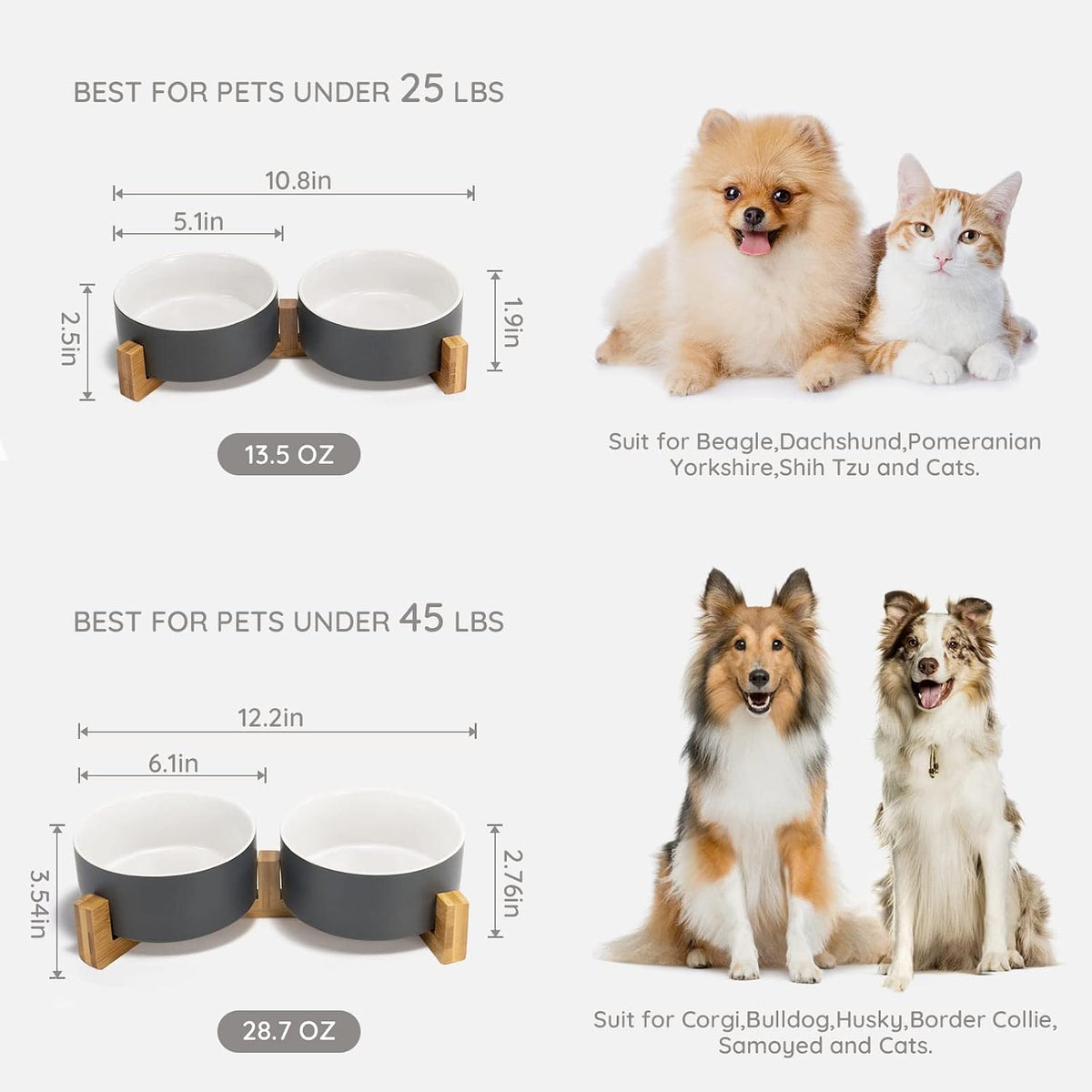 SPUNKYJUNKY Ceramic Dog and Cat Bowl with Wood Stand Non-Slip Matte - 3.6 cups / White-Grey × 2 - image 2