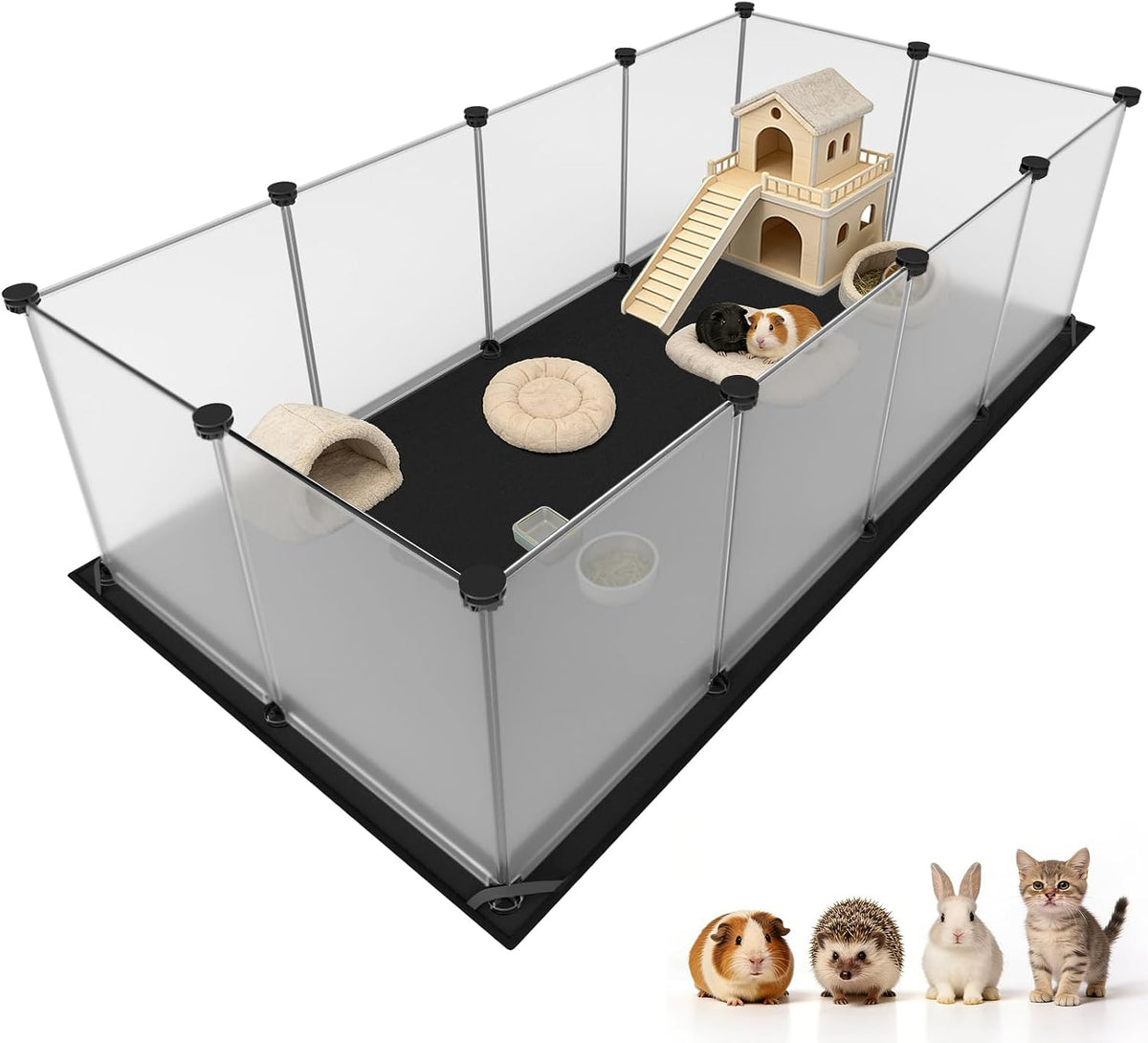 Guinea Pig Cage with Top Cover & 12 Panels - 12 Panels with flat mat / Black