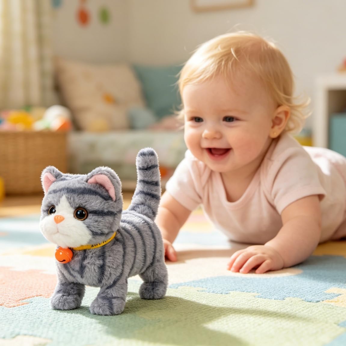 Hopearl Walking Gray Tabby Cat Interactive Electronic Pet Plush Kitty - Cat-Gray - image 2