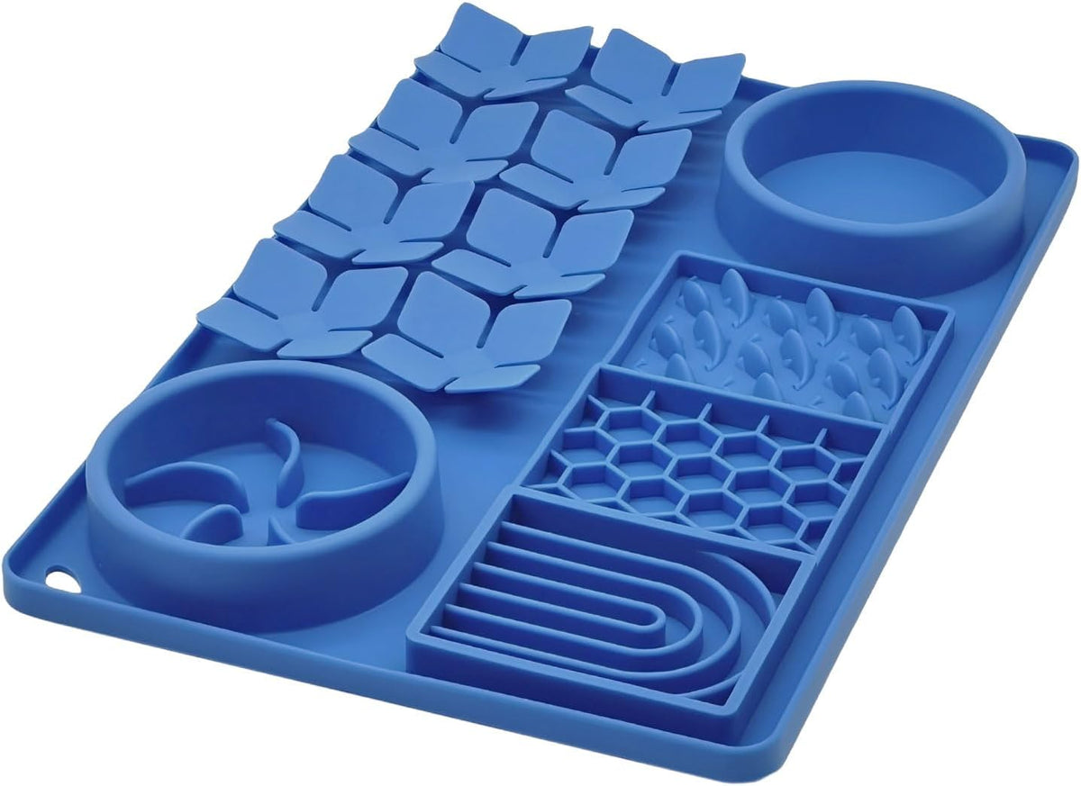 Slow Feeder Bowl, Silicone Lick Mat with Suction Cups for Dog Cat, Snuffle Mat for Pet Smell - Blue / Honeycomb 4in1