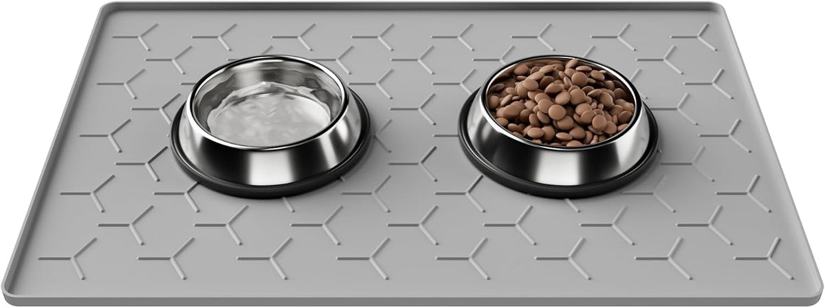 Pieviev Silicone Dog Cat Food Bowl Mat, Waterproof Raised Edge - M-24''X16'' / Light Gray