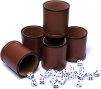 5 Pack PU Leather Dice Cups Felt Lining Quiet Shaker with 30 Dot Dice - Brown