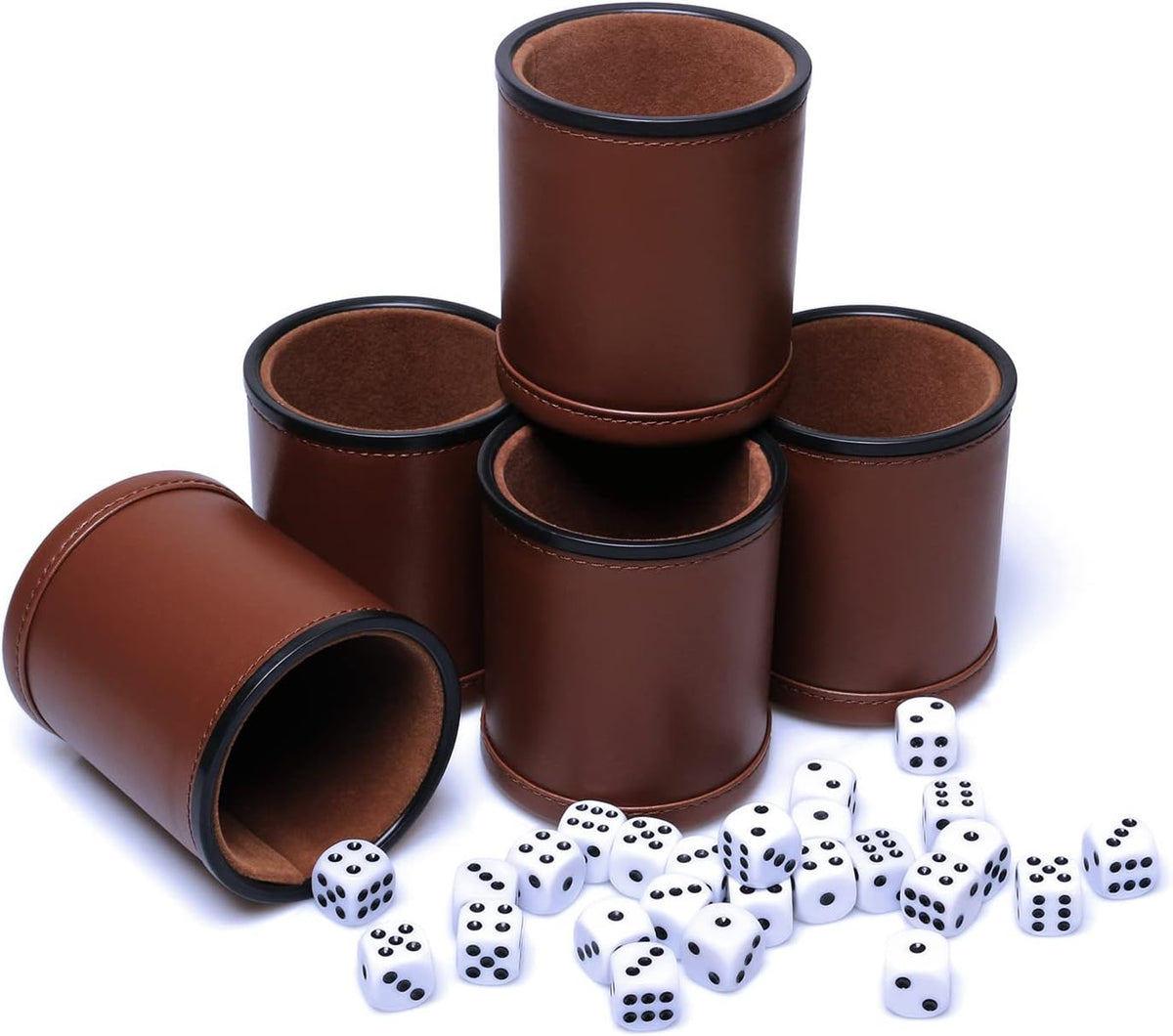 5 Pack PU Leather Dice Cups Felt Lining Quiet Shaker with 30 Dot Dice - Brown