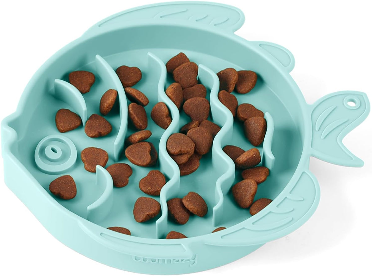 Coomazy Slow Feeder Cat Bowl Silicone Pet Puzzle Feeder for Slow - Cyan / 1.2 Cups