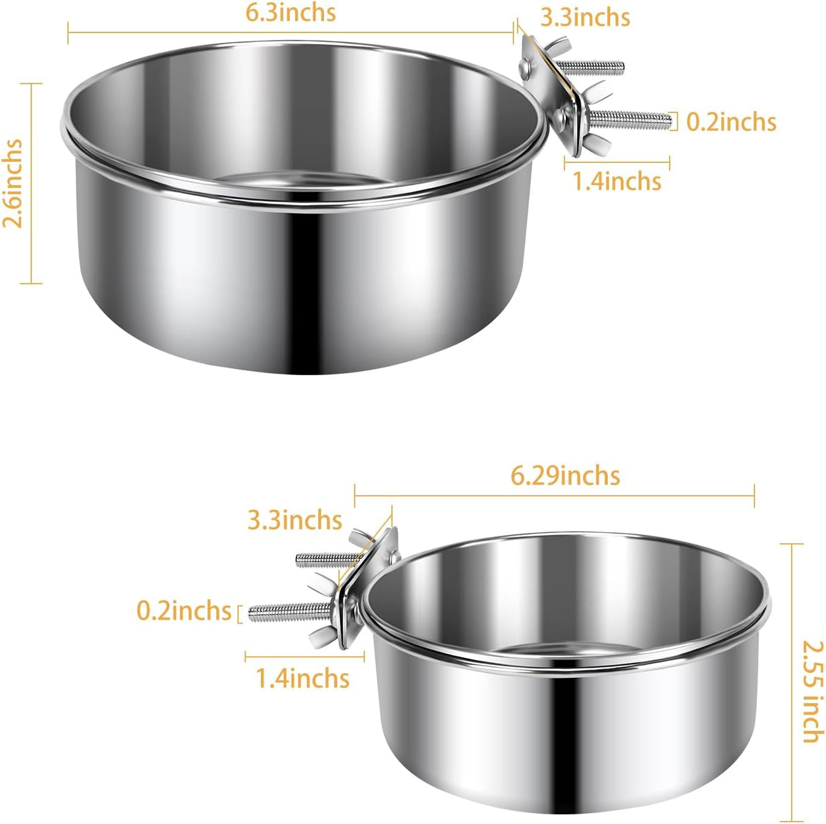 2 Pcs Stainless Steel Small Dog Crate Food Water Bowl - L (56 & 41 OZ) / Silver - image 2