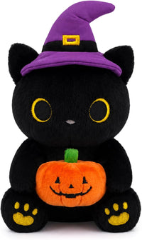 MUFEIRUO Halloween black cat plush holding pumpkin bag, wearing orange witch hat - view 5