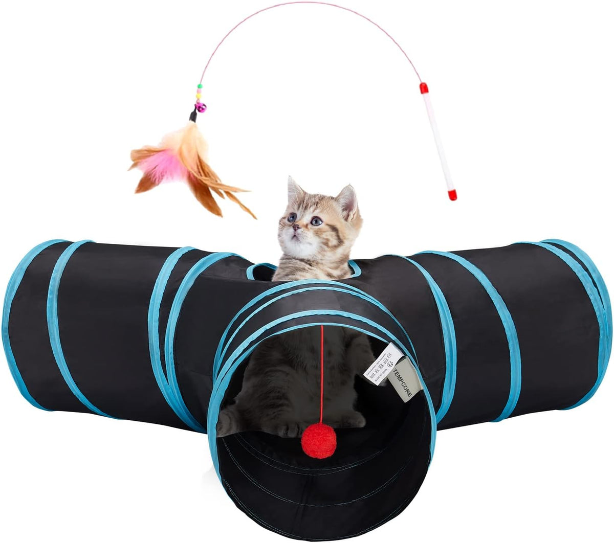 Tempcore Cat Tunnel, 3-Way Collapsible Toy for Indoor Cats - Black & Blue / Small