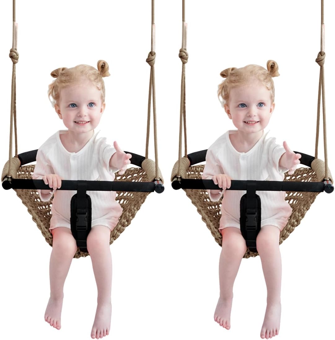 2 -in - 1 Toddler Swing. Swing Seat for kids Adjustable Ropes, for Kids Heavy Duty Rope Play - Light Brown 2-pack