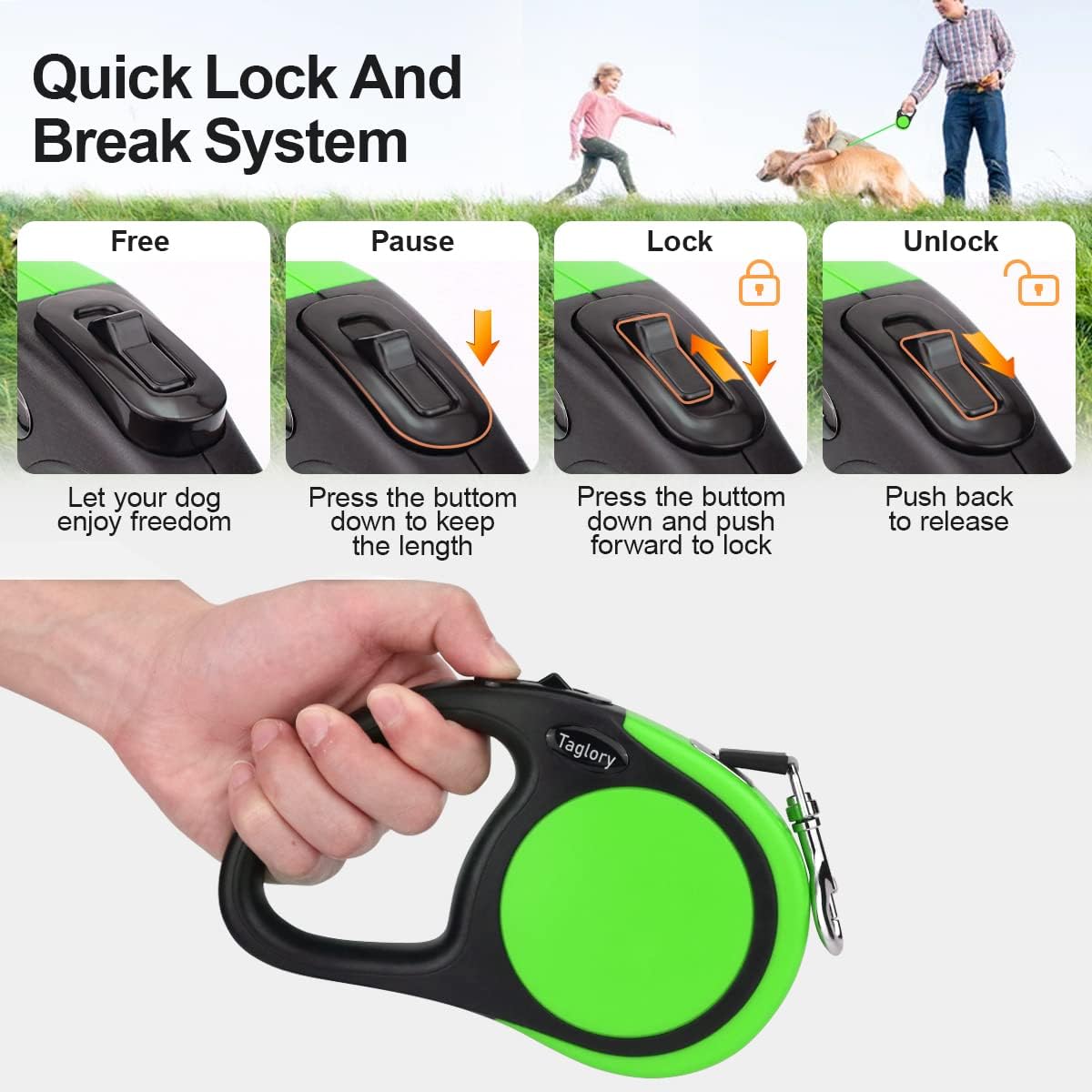 Taglory Retractable Dog Leash, One-Handed Brake, Up to 44 lbs - Green / Large - image 3