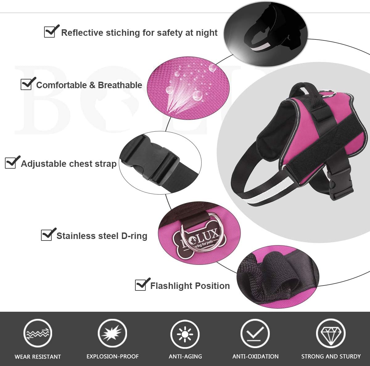 Bolux Dog Harness, No-Pull Reflective Dog Vest - Small (Pack of 1) / Rose red - image 2