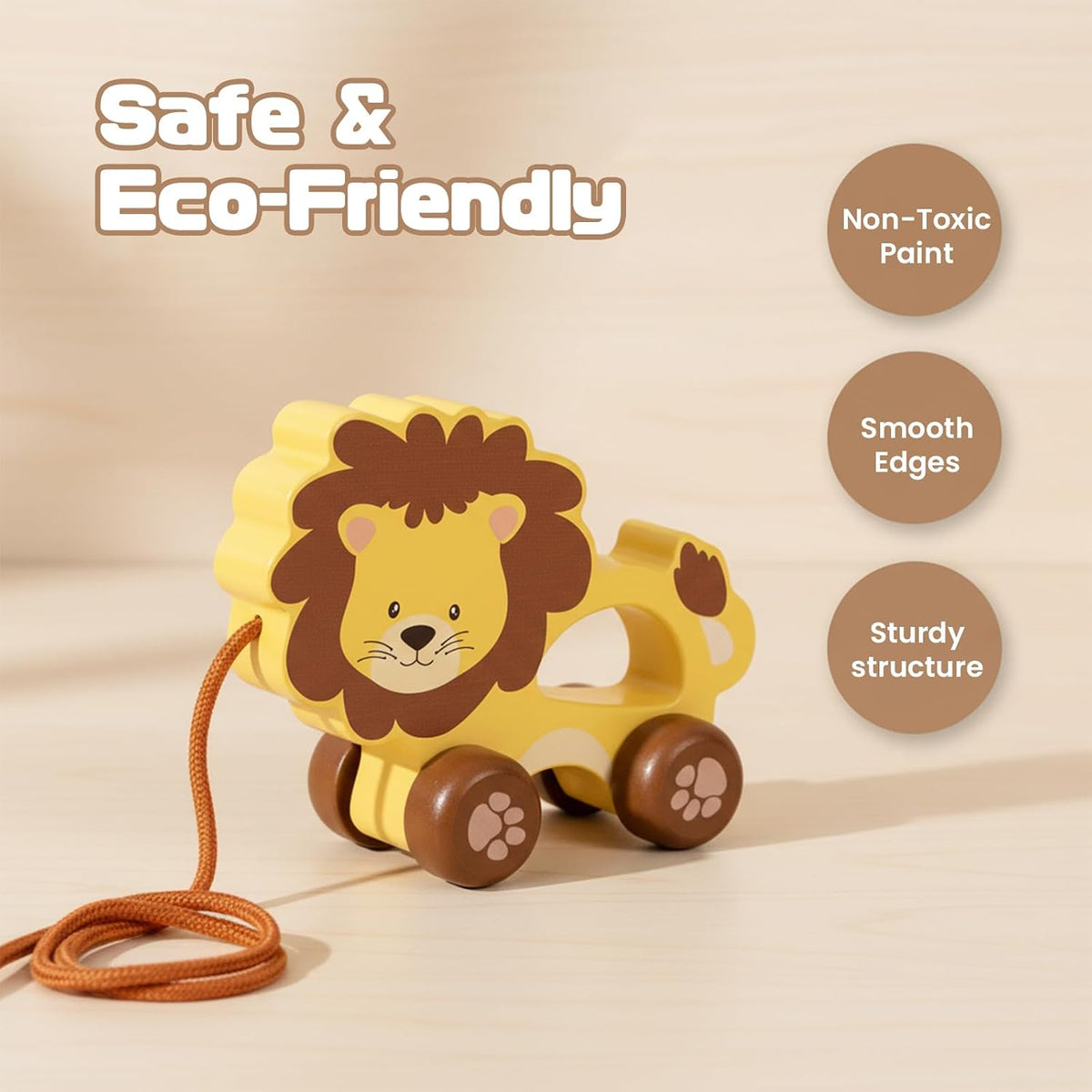 Baby Toys Car,Wooden Pull Along Toy for Toddlers 1 2 3 Year Olds – Fun for Kids & Family - Lion - image 2