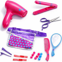 Liberty Imports 13 piece hair salon play set with toy blow dryer, straightener, scissors, comb, mirror and stylist bag