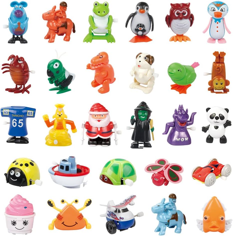 aruemp assorted wind up toys for kids, 28 clockwork animals, vehicles and holiday figures