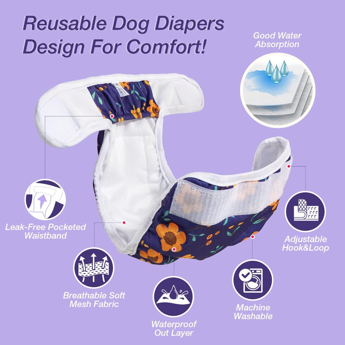 Pet Soft Washable Female Diapers Female Dog Diapers - Cute Flowers / X-Small:7.5''-10'' - image 2