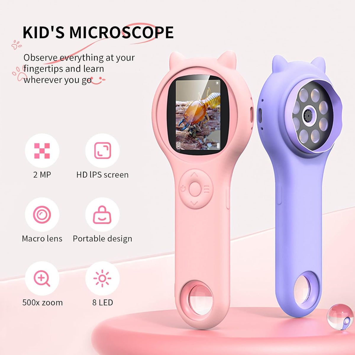 Kids Microscope, 500X Digital Magnifying Glass, Explore STEM Toy - Pink and Purple / 2 Pcs - image 2
