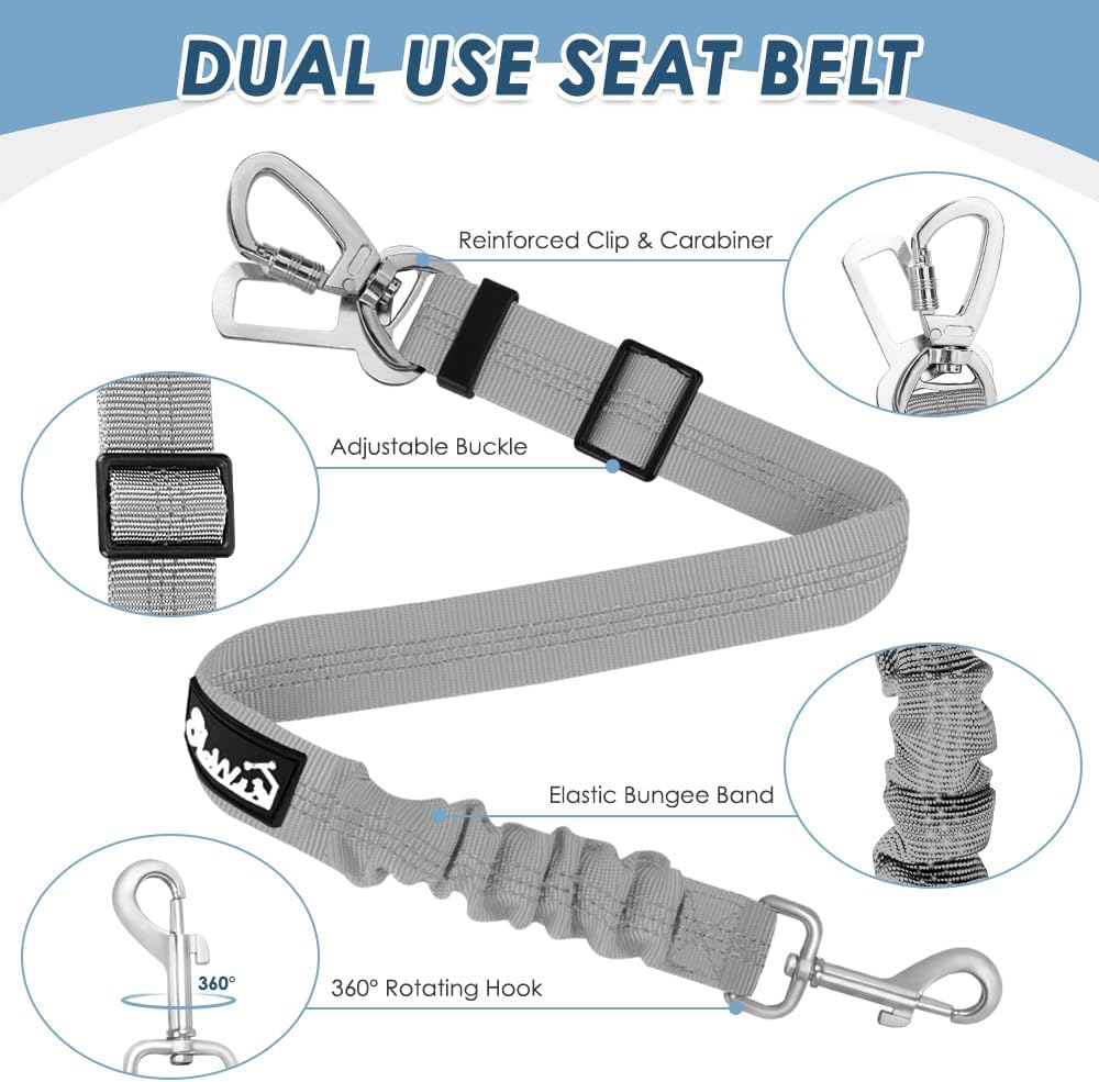 SlowTon Dog Seatbelt, 2 Pack Adjustable Heavy Duty Dog Safety Seat Belt – Essentials for Dogs - Grey / Seatbelt Clip + Carabiner - image 4