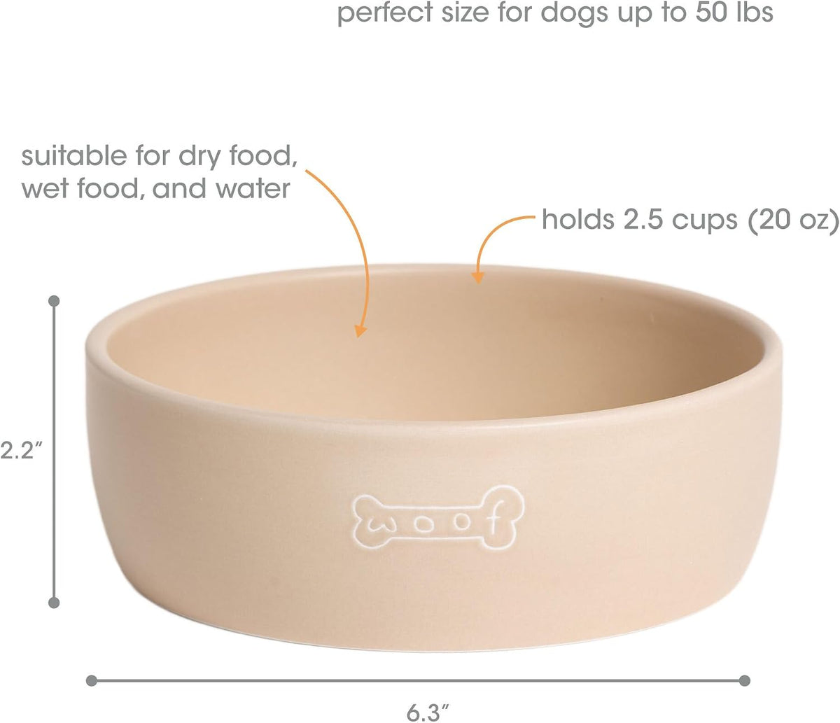 Pearhead Ceramic Dog Bowl, Woof Speckled Pet Food & Water Dish - Taupe Woof Bowl / Medium - image 4