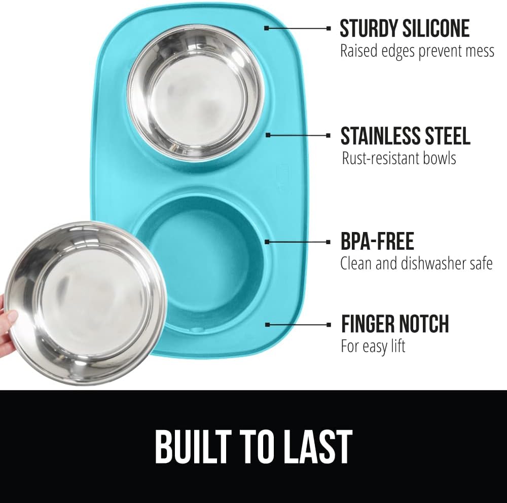 GORILLA GRIP Dog Bowl Set with Feeding Mat - Turquoise / 3 Cup Bowls - image 2