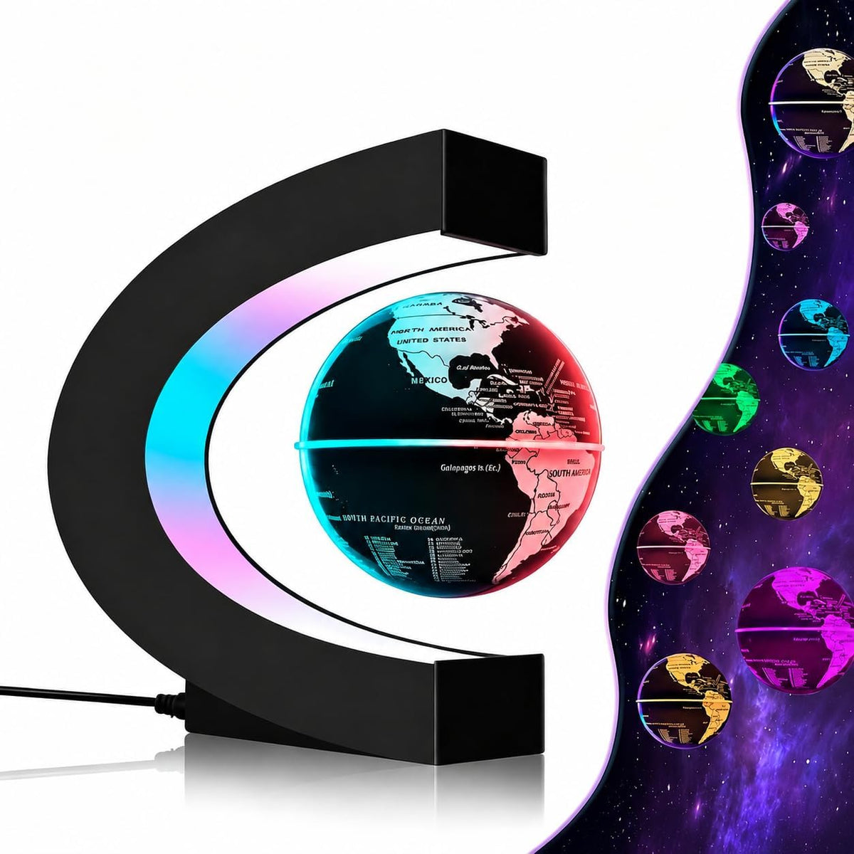 Magnetic Levitating Floating Globe with LED Lights - Black Globe Glowing