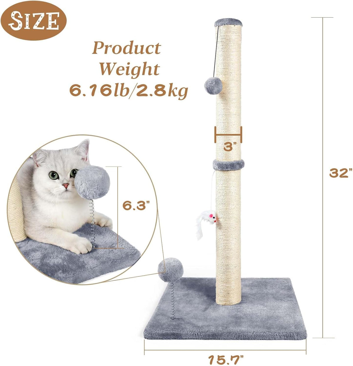 ANWA 32" Tall Sisal Cat Scratching Posts Tree for Indoor Cats Adults - Basic Cat Post Gray - image 2