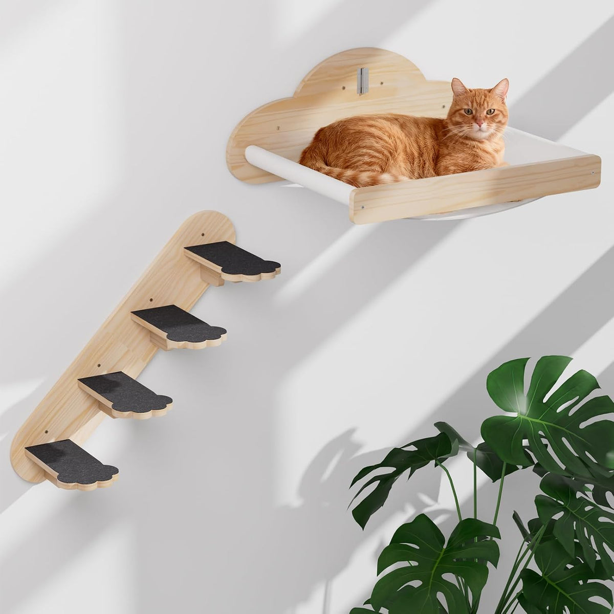 XiaZ Cat Wall Shelves, Corner Cat Shelf with 3 Wide Perch Steps - Hammock
