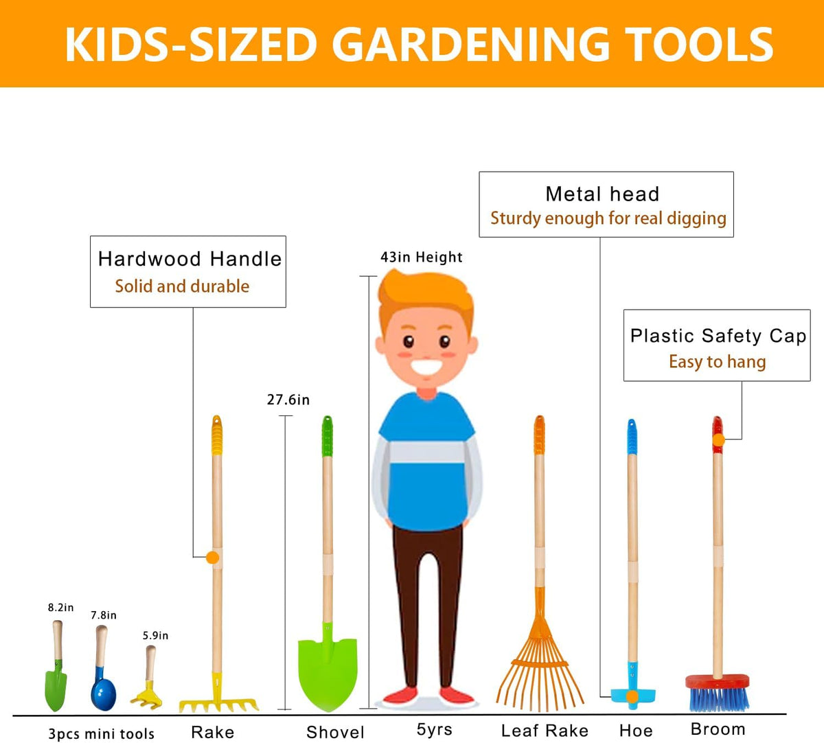 POMIKU 8 piece kids gardening tools set with rake, shovel, spade, hoe and broom - view 7