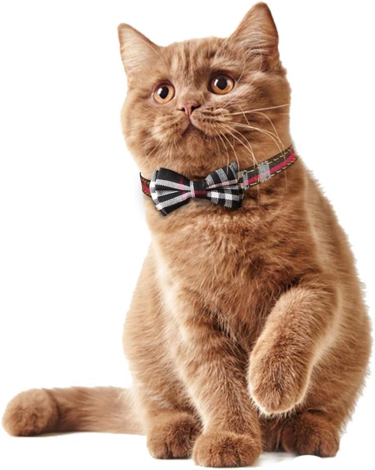 2 Pack/Set Cat Collar Breakaway with Cute Bow Tie and Bell for Kitty - Black+Brown / Plaid - image 2