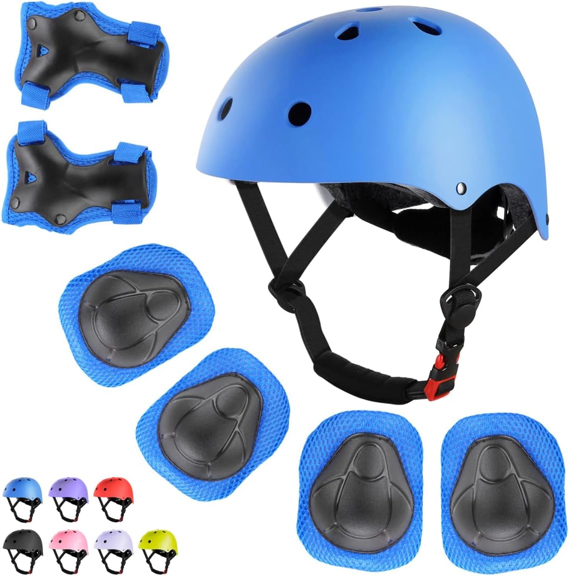 WayEee Kids Bike Helmet Set Knee Pads Adjustable Protective Gear - Blue / M(7-14years)
