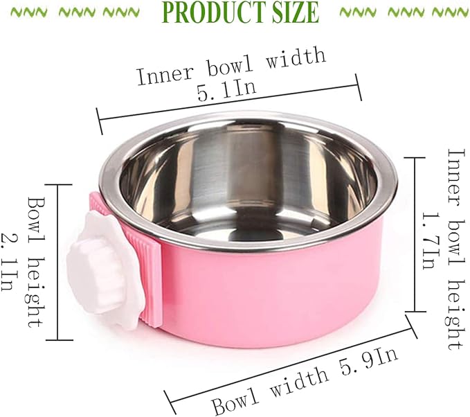 kathson Crate Dog Bowl, Removable Stainless Steel Hanging Pet Cage Bowl Food & Water Feeder Coop Cup for Cat, Puppy, Birds, Rats, Guinea Pigs 3pcs(Blue,Green,Pink)