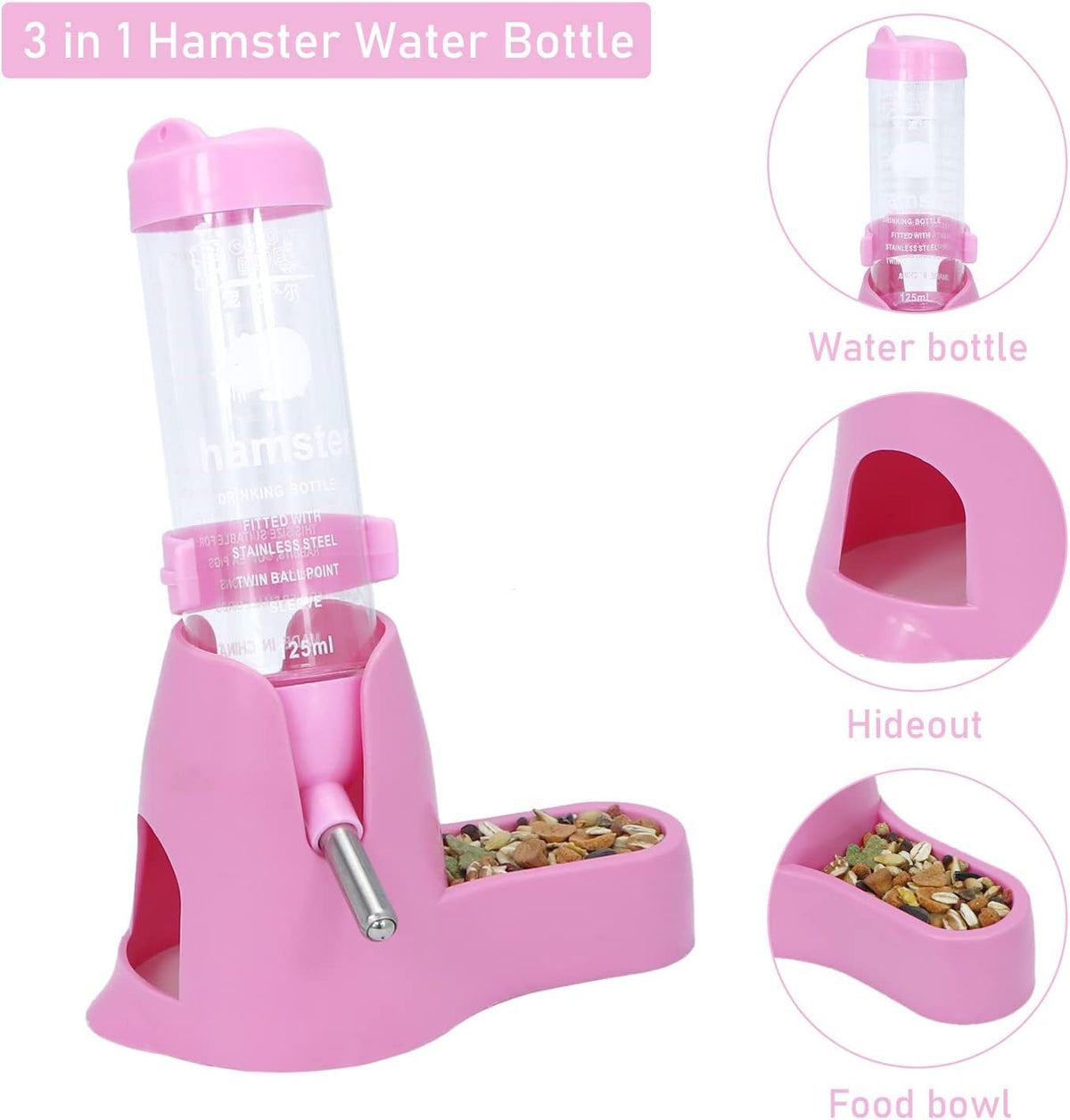 Wontee Hamster Water Bottle Water Dispenser Hamster Silent Exercise - Pink / 125ML - image 2