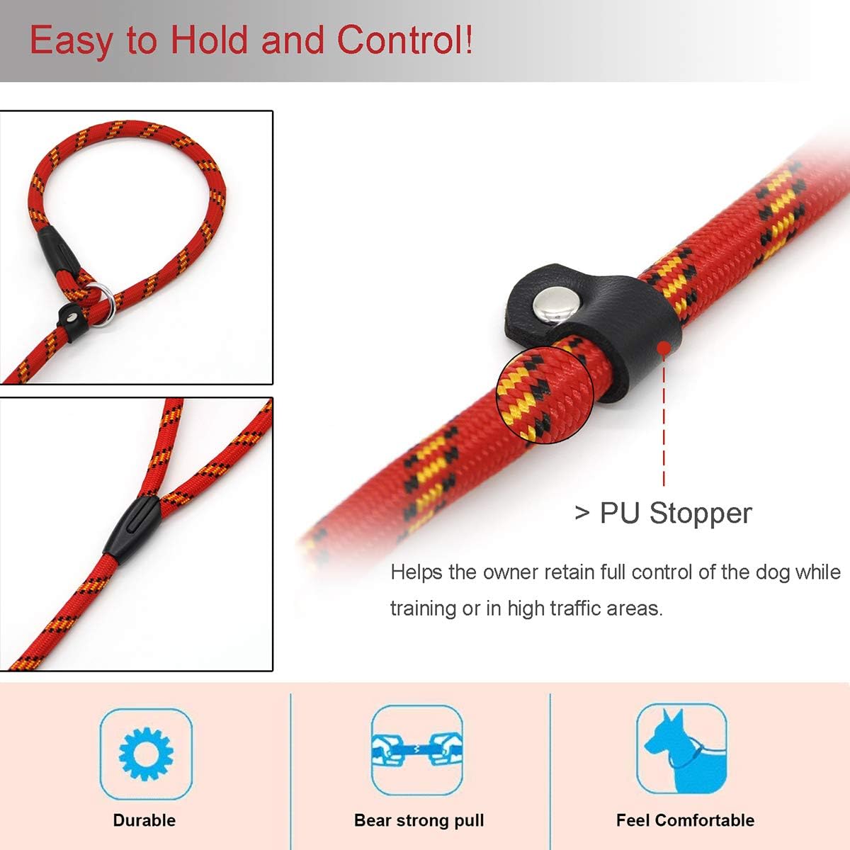 Dog Rope Leash, Dog Training Leash for 10-80 lb - Red - image 3