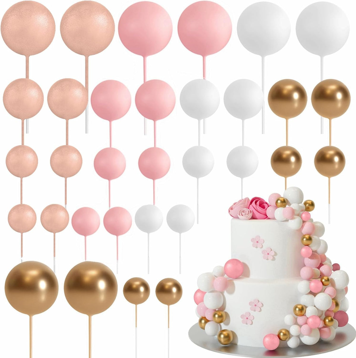 ASTARON 32 Pcs Foam Balls Cake Topper Decorations for Party Cake - Rose Gold，pink