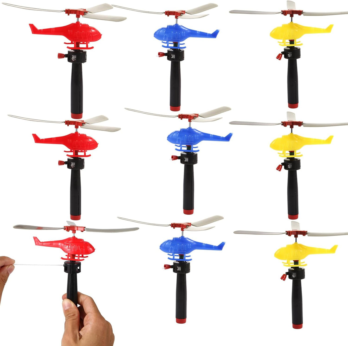 VETE 8 pack pull string flying helicopter toys in bright plastic for kids