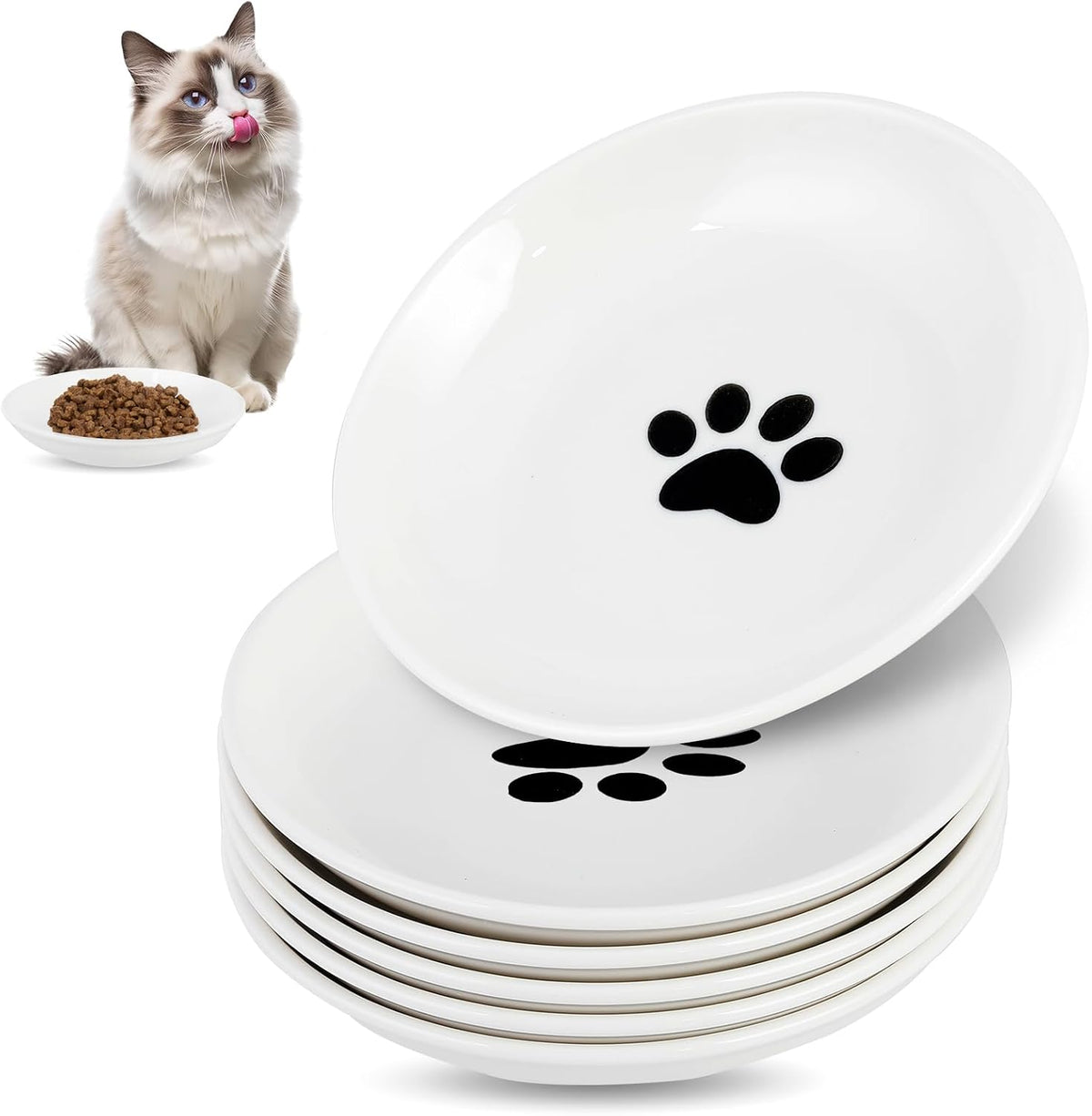 6 Pack Cat Food Bowl, Ceramic Cat Bowls - White-E