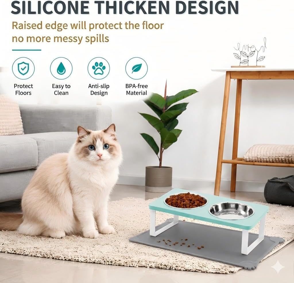 Upgraded Elevated Cat Bowls with Food Mat - Teal-2Bowls - image 4
