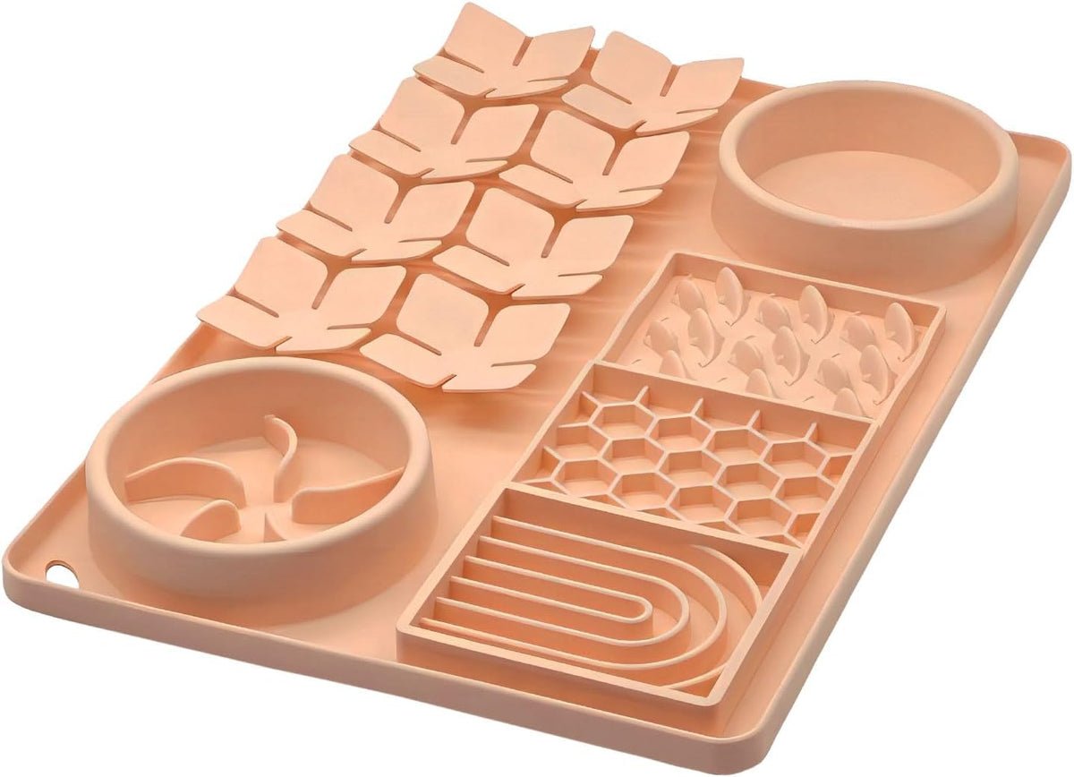 Slow Feeder Bowl, Silicone Lick Mat with Suction Cups for Dog Cat, Snuffle Mat for Pet Smell - Creamy Peach / Honeycomb 4in1